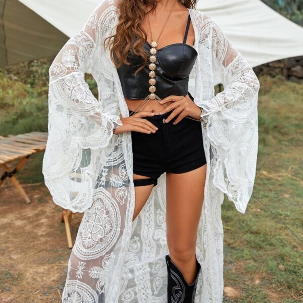 Boho Sheer Mesh Flounce Sleeve Belted Kimono - Picture 5 of 12